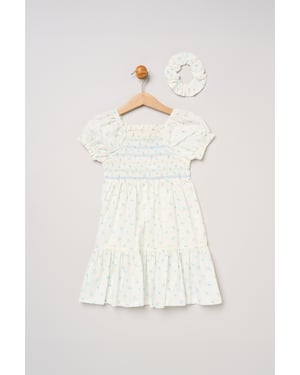 Ditsy Smocked Embroidery Dress with Matching Scrunchie
