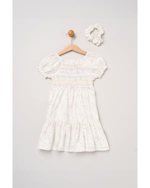 Floral Embroidered Smocked Dress with Scrunchie