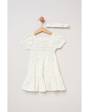 Ditsy Smocked Embroidery Dress with Matching Headband