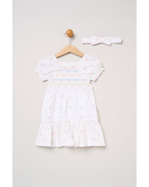 Butterfly Embroidered Smocked Dress with Headband