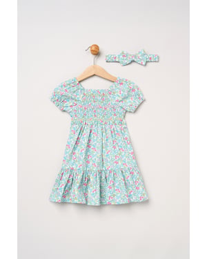 Floral Embroidered Smocked Dress with Headband