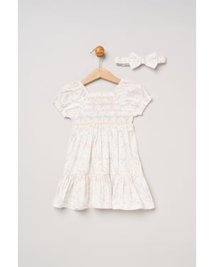 Floral Embroidered Smocked Dress with Headband