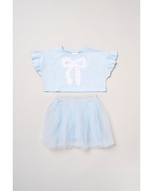 Bow Applique Short Sleeve T-Shirt and Tutu Skirt Outfit Set