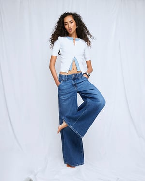 River Island Womens Wide Leg Jeans Blue Low Rise Palazzo