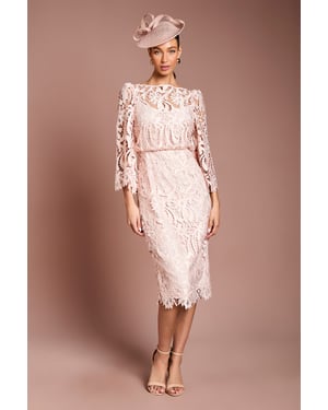 Satin Lace Boat Neck Midi Dress With Fluted Sleeve