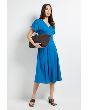 Linen Blend Pleat Detail Midi Dress