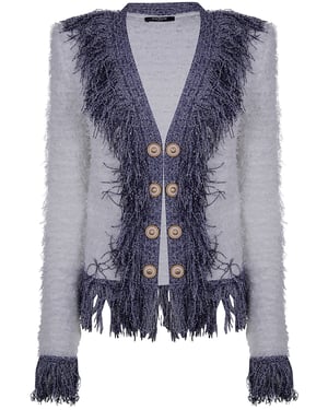 Collarless Glittered Fringed Tweed Jkt
