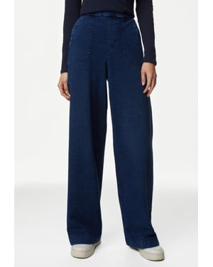M&S Denim Elasticated Waist Wide Leg Trousers in Medium Blue