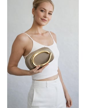 Oval Satin Hard Case Clutch Bag In Muted Gold