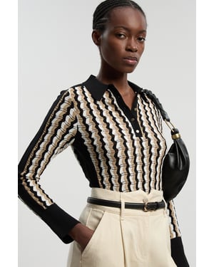 Knit Pointelle Contrast Collared Top