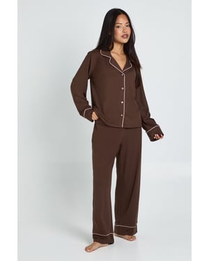Petite Piping Detail Long Sleeve Shirt & Trouser Pyjama Set