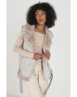 Light Stone Faux Suede Aviator Gilet With Faux Fur Lining