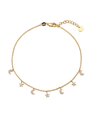Gold Plated Sterling Silver Moon & Star CZ Charm Anklet