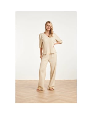 Smashed Lemon Linnen look wide leg broek in crème beige |