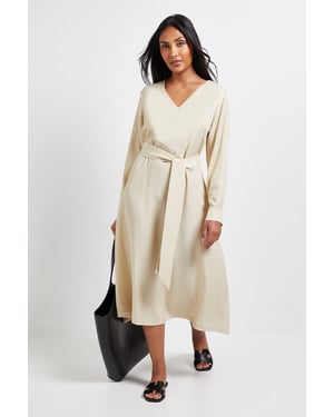 Petite Denim Look Tie Waist Midi Dress