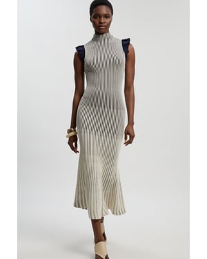 Pointelle Frill Sleeve Knit Midi Dress