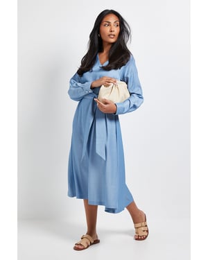 Petite Denim Look Tie Waist Midi Dress