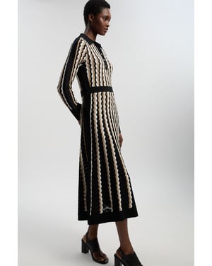 Knit Pointelle Contrast Collared Midi Dress