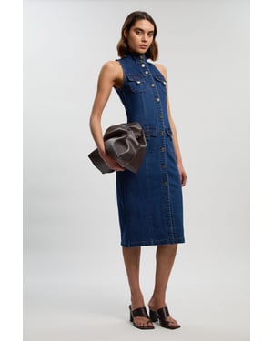 Denim Sleeveless Midi Button Detail Midi Dress