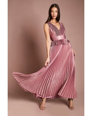 Sleeveless Metallic Pleated Maxi Dress With Peplum