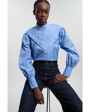 Cotton Pleated High Neck Balloon Sleeve Woven Blouse