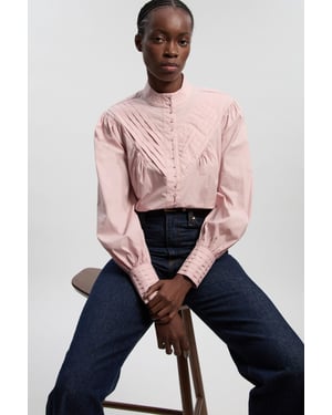 Cotton Pleated High Neck Balloon Sleeve Woven Blouse