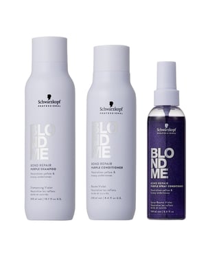 Schwarzkopf Blondme Bond Repair Purple Shampoo 300ml, Blondme Purple Conditioner 250ml & Blondme Purple Spray Conditioner 150ml Pack