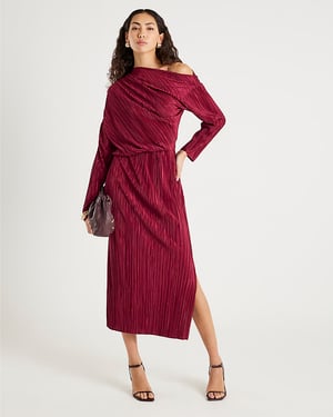 River Island Womens Midi Dress Red Plisse Long Sleeve