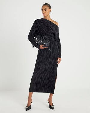 River Island Womens Midi Dress Black Plisse Long Sleeve