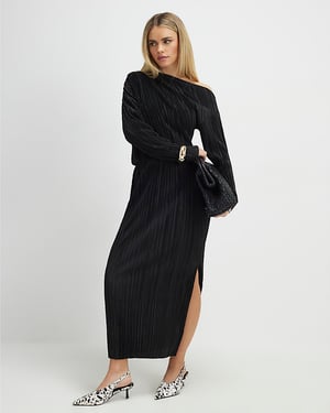 River Island Womens Asymmetric Midi Dress Petite Black Plisse