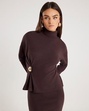 River Island Womens Top Brown Long Sleeve Cosy Gold Detail