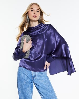 River Island Womens Blouse Blue Satin Ruched Cape Detail