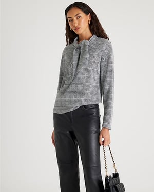 River Island Womens Top Grey Check Print Long Sleeve Scarf Neck