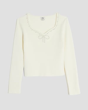 River Island Girls Top Cream Pearl Embellished Long Sleeve