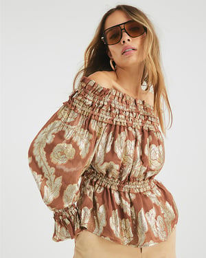 River Island Womens Bardot Top Brown Ruffled Gold Detail