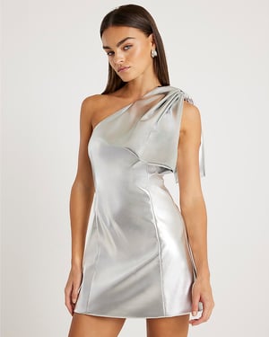River Island Womens Mini Dress Silver Faux Leather One Shoulder