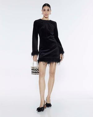 River Island Womens Dress Black Velvet Long Sleeve Feather Trim