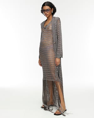 River Island Womens Maxi Dress RI Studio Grey Metallic Crochet