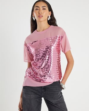 River Island Womens Top Pink Short Sleeve Sequin