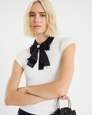 River Island Womens Top White Short Sleeve Bow Neck Fitted