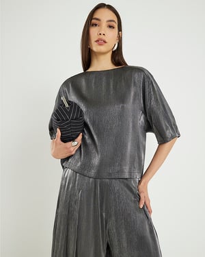 River Island Womens Top Black Short Sleeve Metallic Tailored