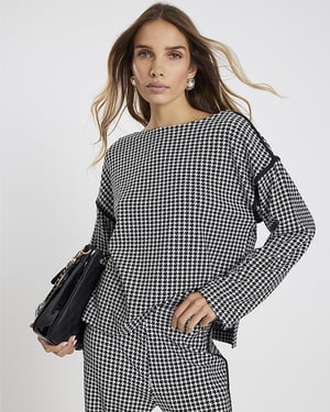 River Island Womens Sweatshirt Black Long Sleeve Dogtooth Print