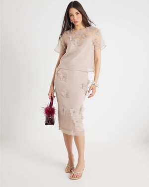 River Island Womens Midi Skirt Pink Organza Flower