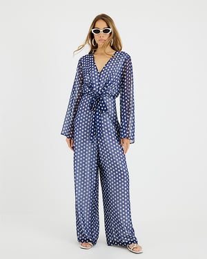 River Island Womens Jumpsuit Navy Polka Dot Tie Front