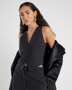 River Island Womens Waistcoat Black Sleeveless Pinstripe Cropped Top