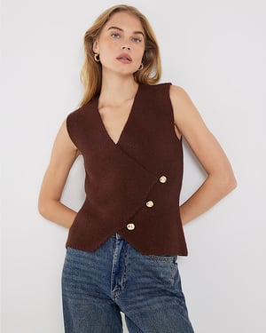 River Island Womens Waistcoat Brown Knitted Asymmetric Top