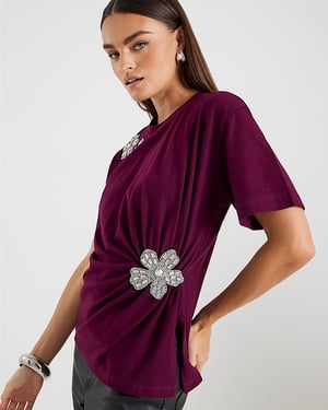 River Island Womens T-Shirt Red Short Sleeve Diamante Flower
