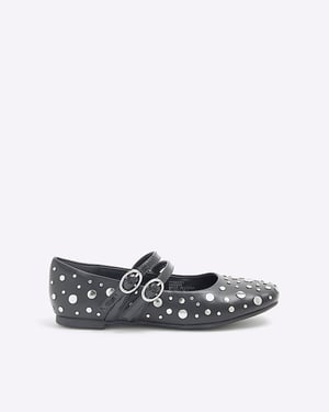 River Island Girls Ballet Pumps Black Faux Leather Stud Shoes