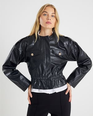 River Island Womens Jacket Black Faux Leather Croc Print Peplum