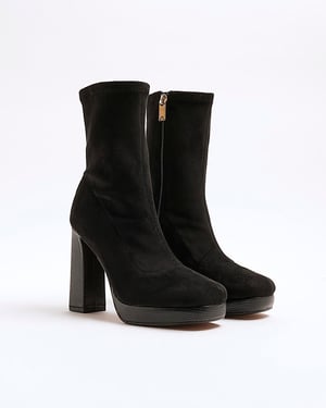 River Island Womens Sock Boots Black Faux Suede Platform